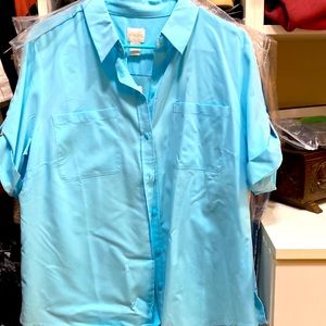 A bit wrinkled but a beautiful turquoise blue bottom down blouse , Brand New